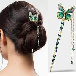 Decorative Butterfly Juda Hair Pin with Pearl Dangles, Green and Gold Metal Hair Stick, Traditional Japanese Style Hair Accessory, Multicolor-image-51