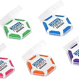 Doms Neon Eraser Box Pack | Hexagonal Eye Catching Design | Neat & Dust Free Erasing | Playful Body Colors | Plastic Case For Each Eraser | Pack of 30 Erasers-0
