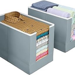 Kuber Industries Stylish Shirt Organizer for Wardrobe|Foldable Non Woven Shirt Stacker|Drawer Storage Unit For Closet Cuboard|Clothes Storage box|Pack of 2 (Grey)-24