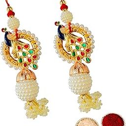 Buyent ® peacock lumba rakhi for bhabhi set of 2 traditional rakhi for bhabhi chuda rakhi latkan rakhi for girls chuda hanging rakhi handmade rakhi combo with roli chawal pack-image-85