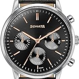 Quartz Multifunction Black Dial Black Leather Strap Watch for Men-19