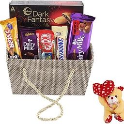 SFU E Com Creamy Chocolate Combo With Jute Basket Hamper | Valentine Heart Teddy Bear With Chocolate Combo | Valentine Chocolate Hamper | 814-10