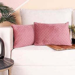 STITCHNEST Quilted Velvet Cushion Cover Set of 2 (12 x 18 Inches, Peach)-31