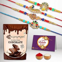 Alohomora Designer Peacock Rakhi For Rakshabandhan | Rakhi For Brother | Rakhi | Rakhi Combo | Set Of 4 Rakhi | Rakhi Gift | Roli Chawal | Greeting Card And crunchie Chocolate 100Gm-image-71