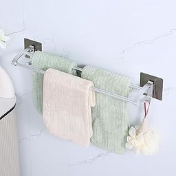 HOKIPO Self Adhesive Dual Rod BathTowel Holder Bathroom Organiser Without Drill Rustproof Towel Rod with Hooks (AR-6073)-image-49