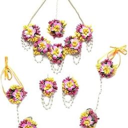 Artificial Yellow Pink Flower Jewelry Set for Haldi Mehndi – Handmade Floral Necklace, Earrings, Maang Tikka – Bridal Pre-Wedding Accessories-image-3