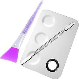 Aternal Stainless Steel Cosmetic 3 Dip Makeup Mixing Plate with Spatula Tool for Women (Silver) with 1 Face Pack Brush-33