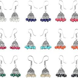 Exclusive Multicolor Brass Oxidized Silver Jhumki Earrings for Women - Combo of 9-9