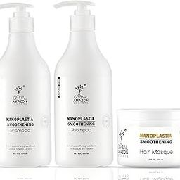Global Amazon Secrets Nanoplastia Hair Care Set, Smoothening Shampoo 500ml 2-Pack and Hair Masque 500ml, with BTX Infusion and Keratin-39