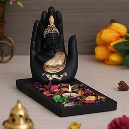 eCraftIndia Black Golden Resin Palm Buddha Idol Showpiece Potpourri Tea Light Candle Holder| Lord Buddha Statue Tea Light Holder| Diwali Decoration Items for Home Decor| Gift for Diwali Housewarming-image-89