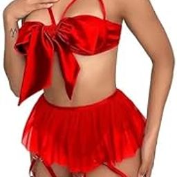Red Satin Bow Bra & Gartered Skirt Set-image-12