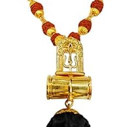 Religious OM Trishul Shivling Locket With Gold Plated Cap Panchmukhi Rudraksha Mala And Brown Brass Wood Jewellery Pendant Necklace Chain For Men Women-15