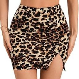 Women's Leopard Print Mini Skirt, Side Slit Design, High Waist, Brown and Black-10