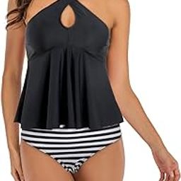 Two Piece Bathing Suit, Elastic Breathable Tankini Swimsuit Soft Bright Color for Pool Party for Hot Spring Bath (L) Black-image-44