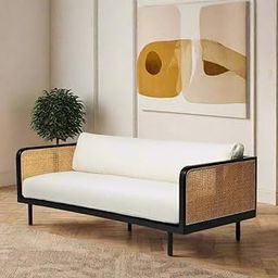 Solid sheesham Wood Wooden 3 Seater Sofa for Living Room with White Cousins seat - Rattan Sofa Elegant Triplet Seat Sofa (Walnut Finish)-image-64