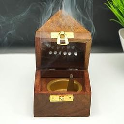 WOOD ART STORE Wooden Pyramid Shape Incense Box Hoder Stand | Wooden Agarbatti Stand with ash Catcher for Home Office | Incense Sticks Holder (Medium)-25