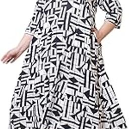 Plus Size Cotton Midi Dress for Women | V-Notch Neckline | 3/4 Sleeves | A-Line Silhouette | Pockets-image-84