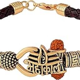 Men's Women's Handcrafted Spiritual One Sided Trishul Damru OM Rudraksha Beads Third Eye Agate Gold Plated Mahakal Shiva Genuine Leather Brown Dyed Rope Wrist Band/Belt Bahubali Kada Bracelet-image-77