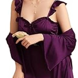Women's Satin Maxi Night Dress Full Sleeve Gown Comfortable & Fancy Sleepwear for Ladies Short Length Nightwear 2pcs Set with Robe-image-35