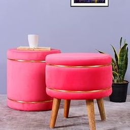 Smartkart Pouffes Sitting Stool for Living Room, Cushioned Mudda Puffy Wooden Ottoman Stools, Pouffe Footstool, Pouf for Office Home Decoration & Dressing Table, Combo, 16x16x18 Inch, Baby Pink-image-69