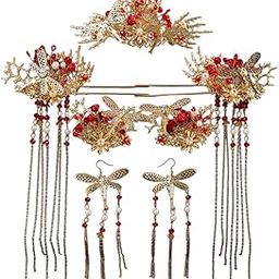 Chinese Wedding Bride Hair Accessory Chinese Crown Wedding Hair Accessories Red Flower Floral Beaded Flapper Headband Jeweled Bridal Wedding Tiara, 1 Count (Pack of 1), Acrylic-image-88