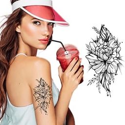 S.A.V.I Temporary Tattoo Stickers for Women, 1 Big Flower with Leaves, Black Color Fake Tattoos For Girls, Size -21x10CM-30