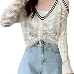 CRAMPLE®Knitted Sunscreen Shirt Women Thin Autumn Long Sleeved V Neck Drawcord Hollow-Out Design Short Suspenders Sweater Drop Shipping-image-2