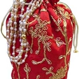 Handbag with Beaded Handle, Maroon with Gold Embroidery, Drawstring Closure-image-79
