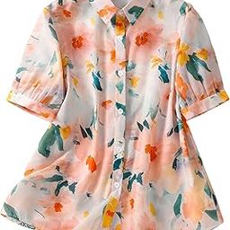 Women's Peach Floral Printed Button-Down Shirt with Collar Neck and Half Sleeves | Lightweight Relaxed Fit Shirt for Casual (Peach-L)-image-60