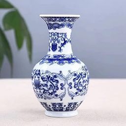 Blue and White Ceramic Vase - Terracotta Pottery Flower Vases for Rustic Home Table Tulip Rose Bouquet Decor - Decorative Vintage Transferware Pattern & Crackle Chinoiserie Pot 14cm (Hexagonal)-image-2
