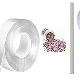 ROKTRY Gel Tape Double Sided Grip Tape for Walls Washable Reusable Strong Sticky balloon/bubble With Glitter Flakes, DIY kit of Grip tape,Stainless Steel straw and glitter-image-3