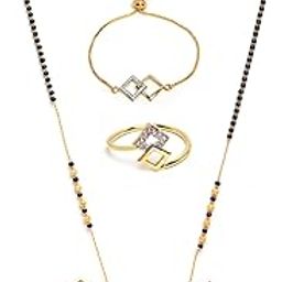 Jewellery Gold Plated Combo All In One Mangalsutra Tanmaniya Nallapusalu Necklace Pendant Black Bead Golden Chain Bracelet Ring Earrings For Women and Girls-image-27