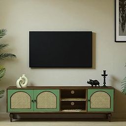 Kraft Bazaar Luffy Solid Wood TV Cabinet | Natural Cane/Rattan Detailing | Solid Wood TV Console | Olive Green & Premium Panther Black Finish-image-31
