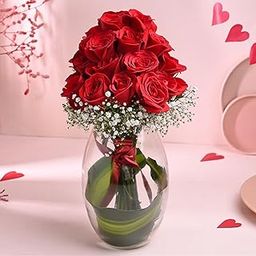 FlowerAura Fresh Live Flower Bouquet of 24 Red Roses Flowers In Vase For Birthday Gift, Anniversary Gift, Wedding Gift, Congratulations Gift & Gift For Special Occasions (Same Day Delivery)-23