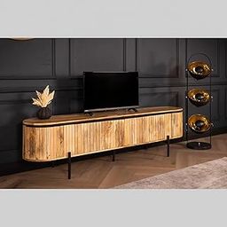 Modern Wooden TV Stand Cabinet, Curved Design with Vertical Slats, Metal Base, Natural Wood Finish-image-96
