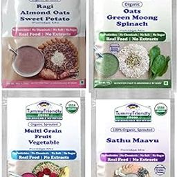 TummyFriendly Foods Certified Organic Porridge Mixes Trial Packs Combo For Little Ones | Organic Sprouted Ragi, Oats, Banana, MultiGrain, Oats, Sathu Maavu | Made of Organic Sprouted Ragi Flour, Organic Sprouted Pulses, Fruit, Vegetables and Nuts | Maximum Possible Nutrition From Real Food | No Sugar, No Salt, No Chemicals, No Pesticides & No GMO | 4 Baby Packs, 50g Each | Shelf Life 9 Month.-image-71