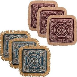 Kuber Industries Pack of 6 Velvet Pooja Mat For Sitting On Floor | Comfortable Eating Aasan for Home | Decorative Sitting Mat for Meditation & Mandir | Floral - Maroon & Firozi-85