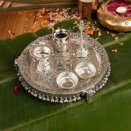 MLS HANDICRAFTS German Silver Pooja Aarti/Thali with Full Ghungroo Layer Home/Temple/Mandir,Decorative Pooja Plate Set for,Karva Chauth, Diwali,Ganesh,Janmashtami Pujan & Wedding Item- Set of 6 Item-34