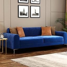 WOOD FURNITURE Modern 3 Seater Sofa Set for Living Room Furniture | Premium Fabric Sofa Set 3 Seater | Three 3 Seater Couch for Office Bedroom Festival Gifts (Blue)-image-15