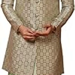 Men's Grey Indo-Western Kurta Sherwani Trousers Set Cotton Full Sleaves, Knee Length, Straight, Regular Fit, Mandarin Collar Ethnic Wear-image-3