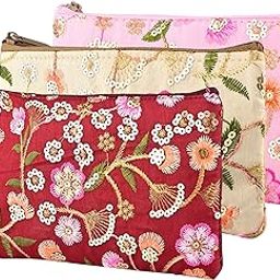 Heart Home 3 Pcs Traditional Hand Purse Ladies with Zip | Embroidery Wallet Purse For Women |Return Gift for Ladies | New Flower - Cream, Maroon & Light Pink-47