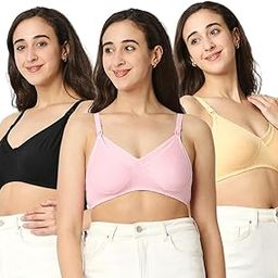Women's Cotton Non-Padded | Double Layered | Wire Free Maternity Bra | Black, Pink, Skin | Pk of 3 |-image-78