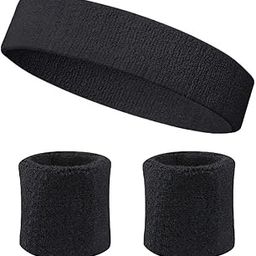 Sports Headband and Pair of Wristband (Black) Sport Sweat Band Workout Tennis Cycling Gym Football Cricket-20