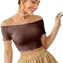 Women's Solid Ribbed Cotton Blend Short Sleeve Off-Shoulder Slim Fit Crop Tank Tops-image-57