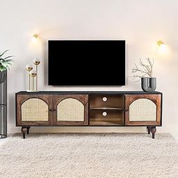 Vintage TV Stand Entertainment Centre Wide Wooden Media Cabinet with Rattan Door Panels, Open Shelves, and Storage – Brown and Black Finish for Living Room or Bedroom-image-14