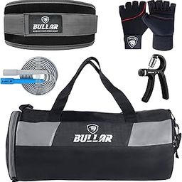 BULLAR Gym Accessories Set with Round Duffle Bag for Men & Women with Separate Shoe Compartment, Weight Lifting Belt, Hand Gripper, Jump Rope, Workout Gloves (Black/Grey)-41