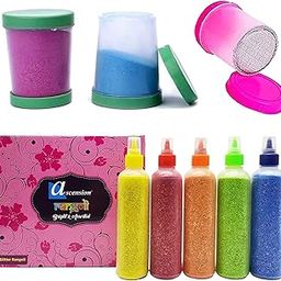 ascension Rangoli kit 5 Multicolour Rangoli Bottles Powder with 3 Fillers Rangoli Ceramic Colours Rangoli Powder Rangoli Making Kit for Floor Diwali Navratri Pongal Pooja Onam,Ceramic, Metal-14