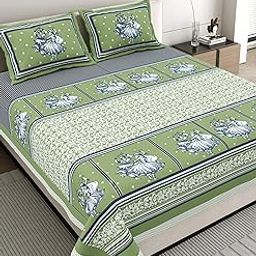 Jaipuri Print Cotton Double Bed Bedsheet Set with 2 Pillow Covers, Coral Pattern - King Size (108 * 108 inches) (Green)-image-22
