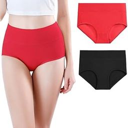 Women's Regular Cotton Spandex Underwear Tummy Control High Waist Ladies Panties Full Coverage Seamless Briefs | Free Size Soft Breathable Ladies Panties - Pack of 2 Black Red-image-1