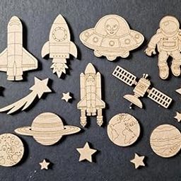 Haoser Set of 20 Wooden Space Themed Laser Cut MDF Shapes – Rockets, Planets, UFO, Spaceman, Comet, Satellite, Stars for DIY Crafts, Scrapbooking, Kids Activities, Home Decor, 3.5 Inch-18